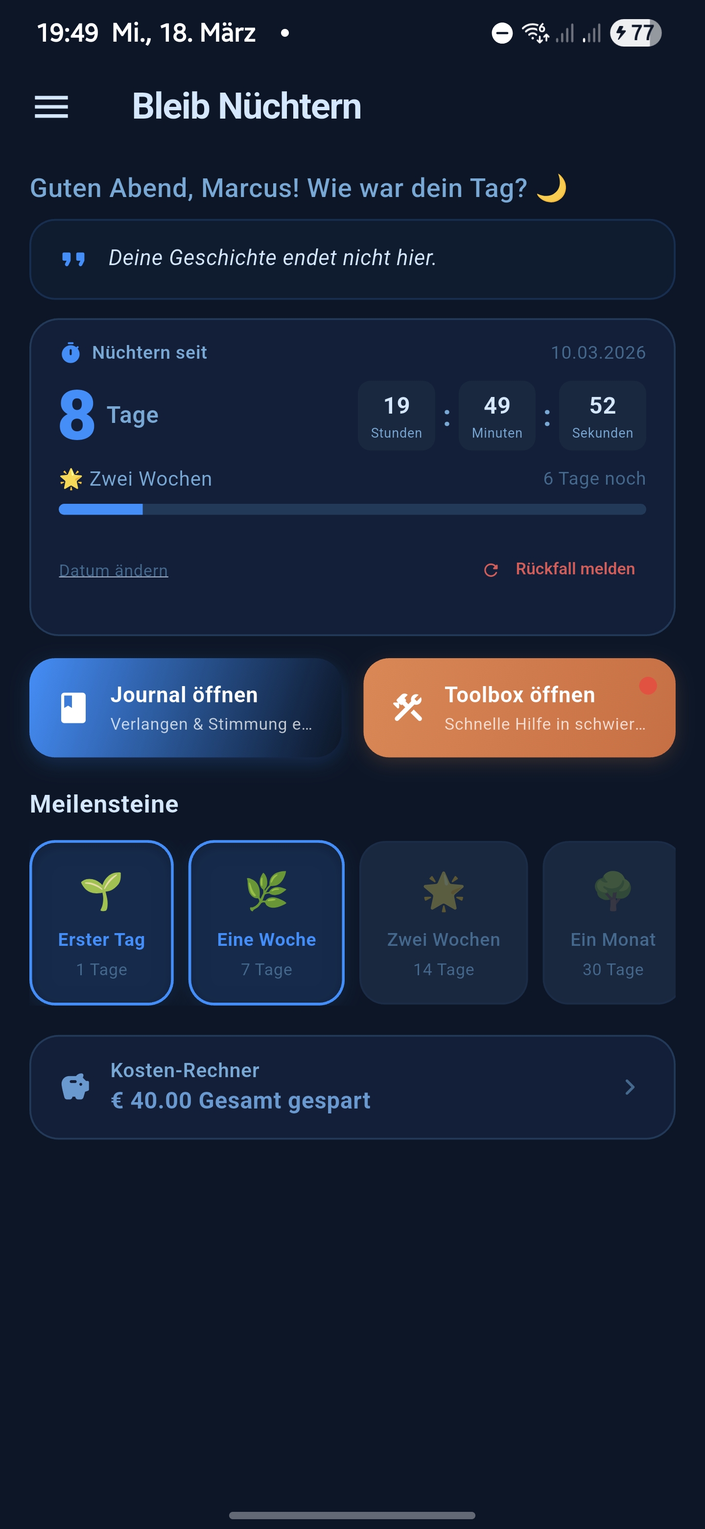 Bleib N&uuml;chtern home screen with timer and milestones